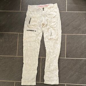White Textured Pants with Zipper Details